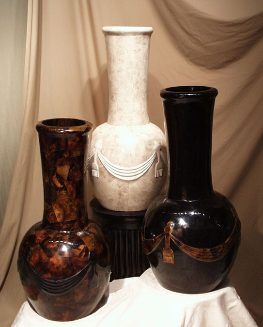 11-0322 - Neo-Classic Vase with Drape & Tassel, Cracked Young Pen Shell & Cracked Black Pen Shell