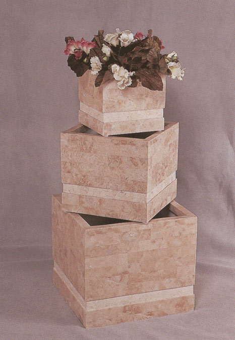 14-0385 - Small Square Planter with Recessed Band  Beige Fossil with White Ivory Stone