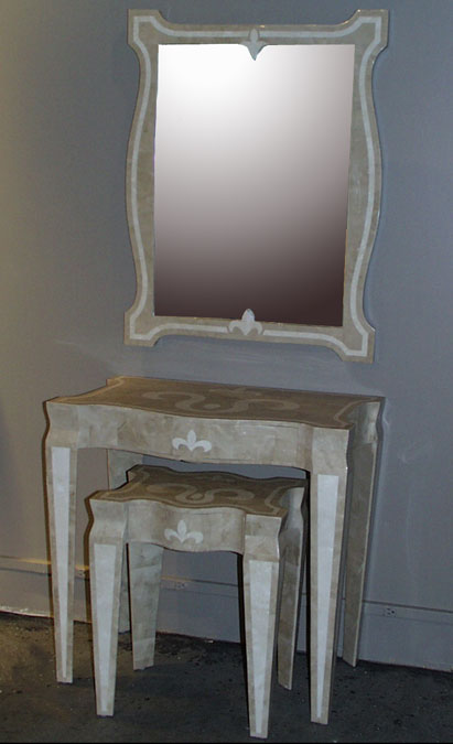 14-1400 - Fleur De Lis Side Table Beige Fossil Stone with White Ivory Trim