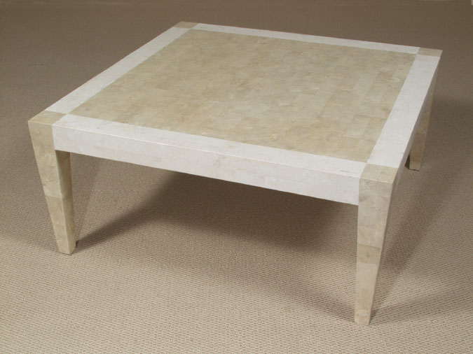 14-1457 - Cube Square Cocktail Table, Beige Fossil Stone with White Ivory Stone