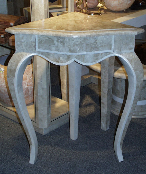 14-1601 - Louis XV 3 Legged Corner Table Beige Fossil Stone with White Ivory Stone (formerly item  #14-0750)