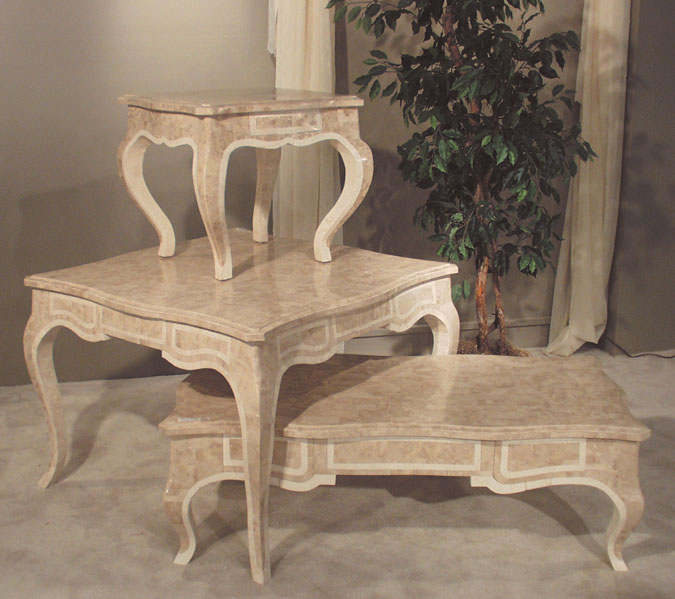 14-1603 - Louis XV Square Dining Table Beige Fossil Stone with  White Ivory Trim