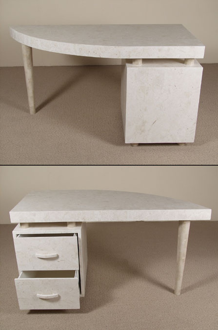 15-1760L - Angled Desk-LEFT with 2 File Drawers, White Ivory Stone with Beige Fossil Stone