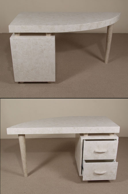 15-1760R - Angled Desk- RIGHT with 2 File Drawers, White Ivory Stone with Beige Fossil Stone