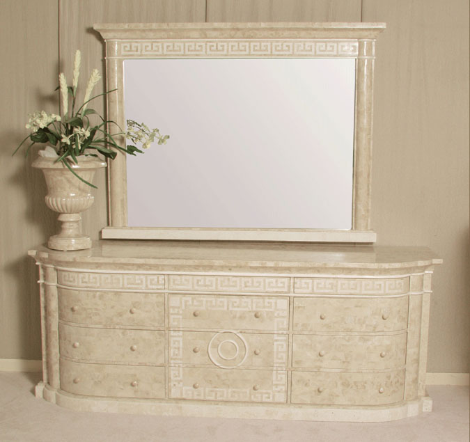 14-2852 - Aristotle Dresser with Greek Key Design, Beige Fossil Stone with White Ivory Stone