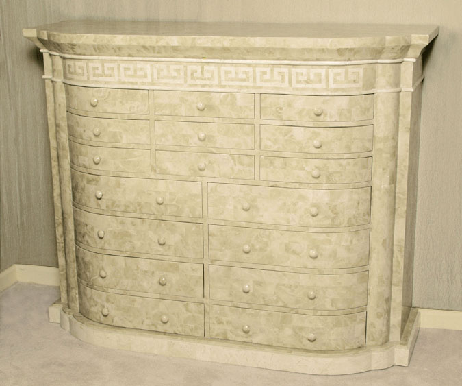 14-2853 - Aristotle Highboy with Greek Key Design, Beige Fossil Stone with White Ivory Stone