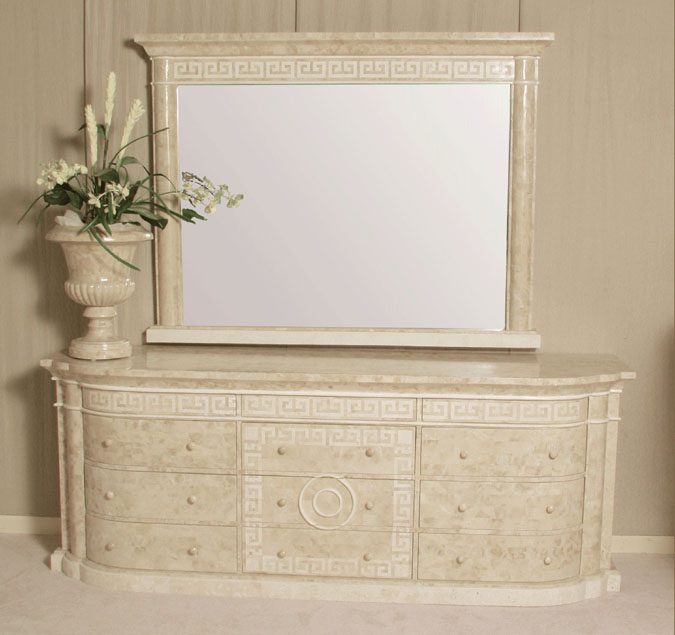 14-2854 - Aristotle Mirror Frame with Greek Key Design, Beige Fossil Stone with White Ivory Stone