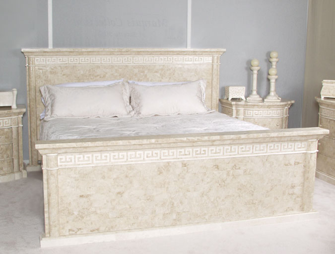 14-2857 - Aristotle Queen Bed Headboard, Beige Fossil Stone with White Ivory Stone