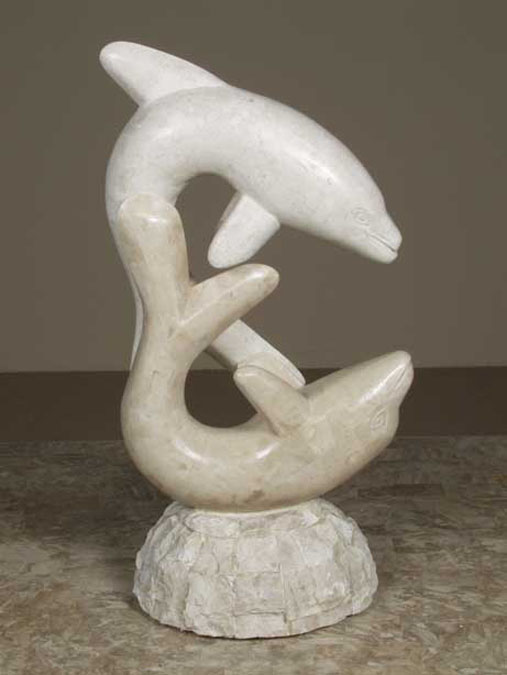 14-9510 - Dolphins at Play Sculpture, Beige Fossil Stone with White Ivory Stone