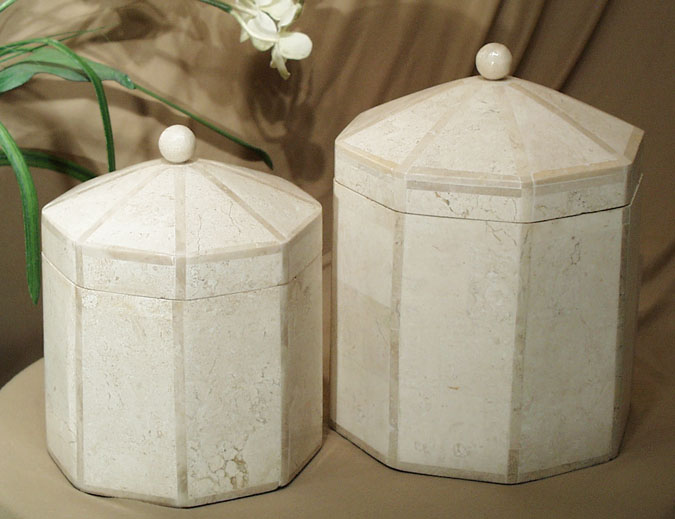 15-0107 - Octagon Box Tall  White Ivory Stone with Beige Fossil Stone