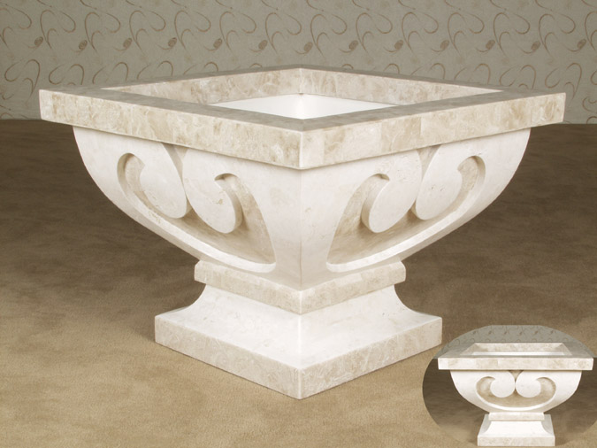 15-0358 - Curl Planter, White Ivory Stone with Beige Fossil Stone