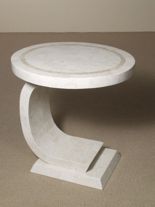 15-1851 - Horseshoe End Table with Oval Stone Top, White Ivory Stone with Beige Fossil Stone