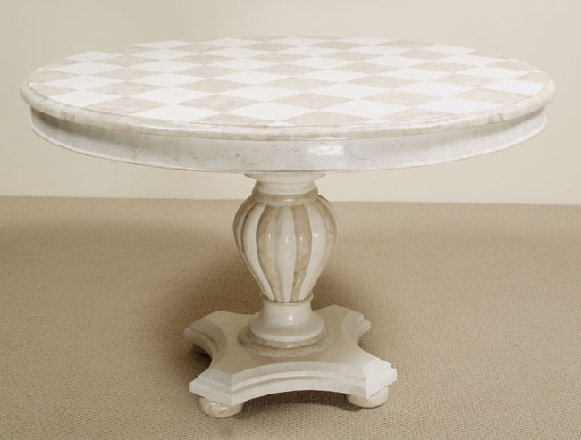 15-2750 - Checkered Round Dining Table, White Ivory Stone with Beige Fossil Stone
