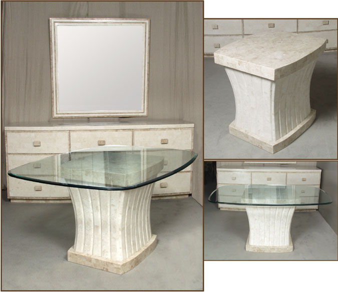 15-4502 - Fluted Occasional Table, White Ivory Stone with Beige Fossil Stone
