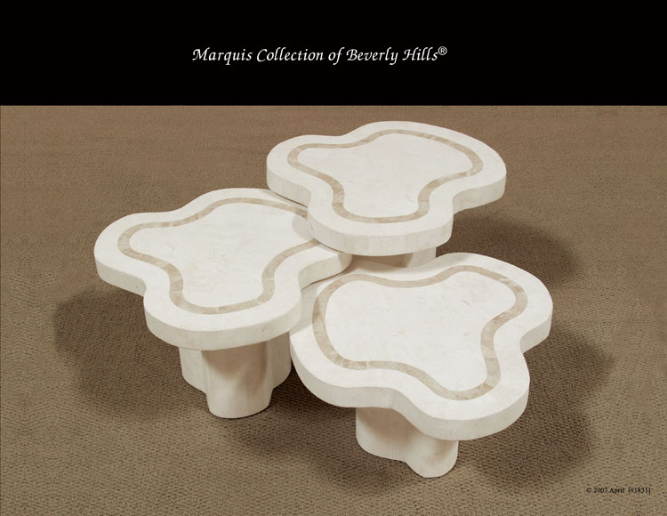 15-5125 - Water Mushroom Tables, White Ivory Stone with Beige Fossil Stone (Set of 3)