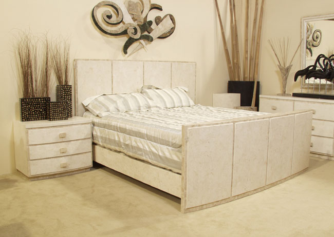 15-6504 - Bonsoir Queen Bed Footboard, White Ivory Stone with Beige Fossil Stone