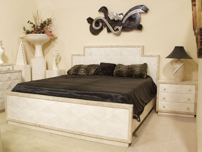 15-6904 - Baguette Queen Bed Footboard and Rails, White Ivory Stone with Beige Fossil Stone