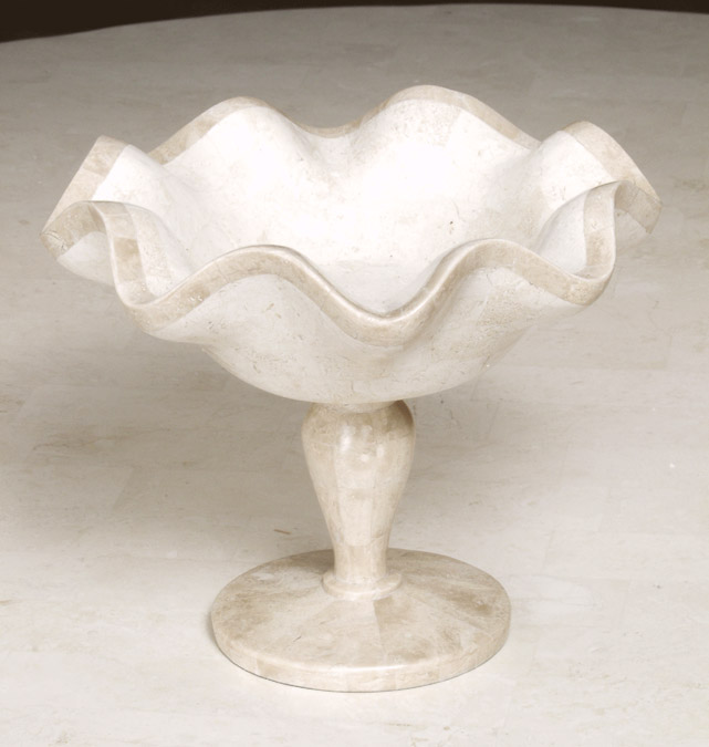 15-9105 - Wavy Footed Bowl, White Ivory Stone with Beige Fossil Stone Base & Trim