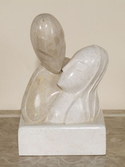 15-9520 - Secret Lovers Sculpture, White Ivory  Stone with Beige Fossil Stone