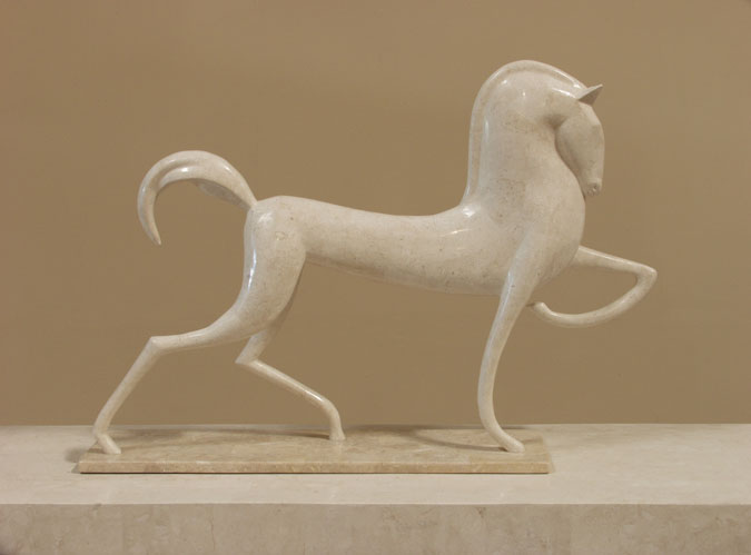 15-9534 - Dynasty Stallion Sculpture,White Ivory Stone with Beige Fossil Stone