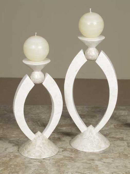 15-0436 - Cosmopolitan Candleholder, Short, White Ivory Stone with Beige Fossil Stone