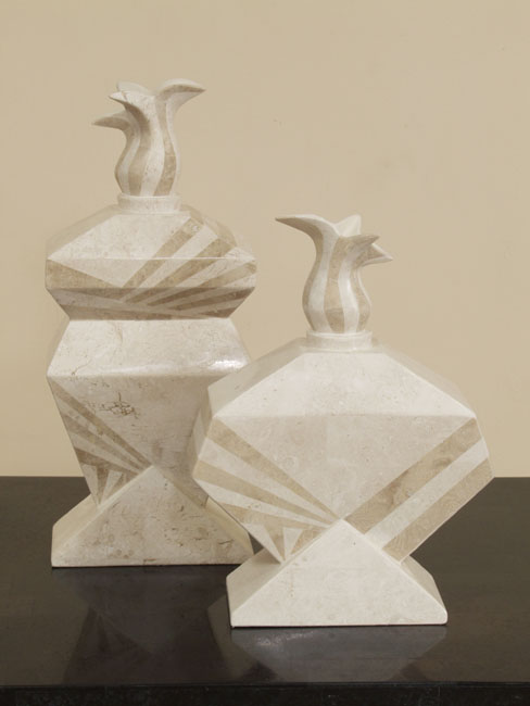 15-9458 - Flame Vase, Tall, White Ivory  Stone with Beige Fossil Stone