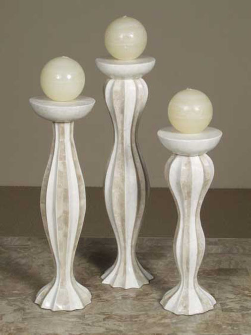 15-0445 - Scallop Candleholder, Large, White Ivory Stone with Beige Fossil Stone