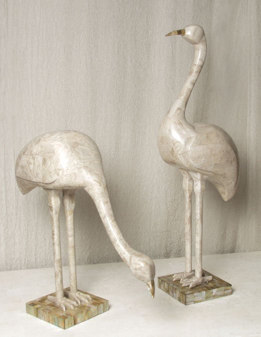 162-0533 - Crane Sculpture, Head-down, Cantor Stone w/ Brown Lip Shell Accent on Base & Beak