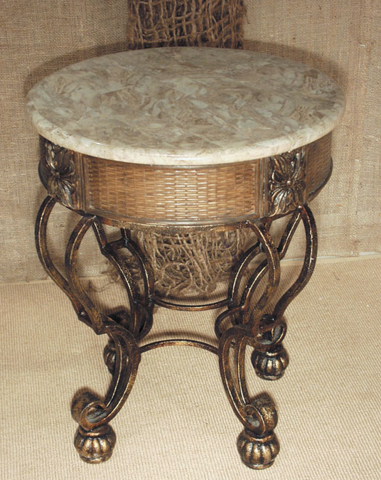 16-2141 - Plantation  Round Side Table, Cantor Stone with Raffia Weaving & Bun Feet