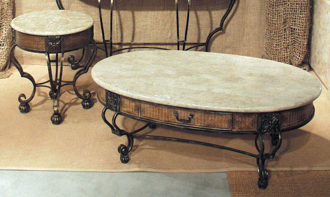 16-2142 - Plantation Oval Cocktail Table with Rattan Weaving and 2 Drawers, Cantor Stone Top