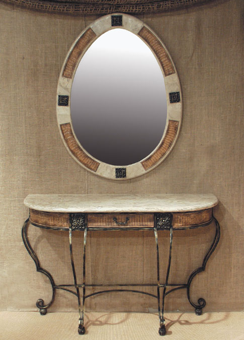 16-2146 - Plantation Oval Mirror Frame with Rattan Weaving, Cantor Stone Top (with beveled mirror)