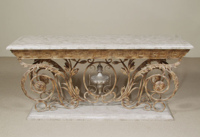 16-7650 - Grand Console with Greek Key Design Cantor Stone with Iron Accent (formerly #ll-005C)