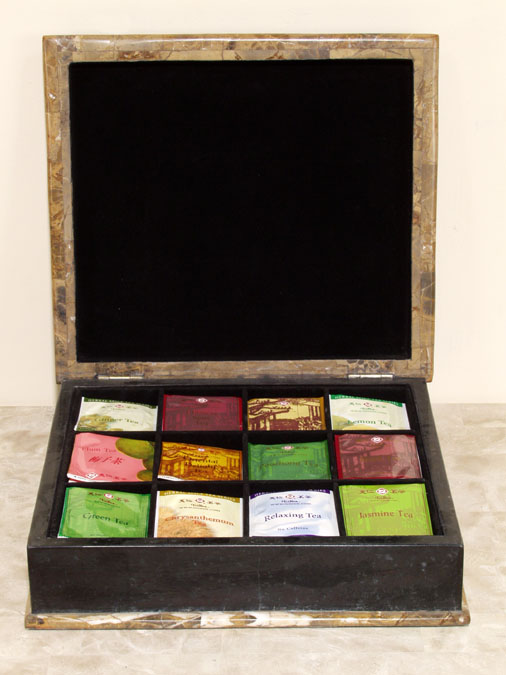 17-0153 - Monroe Tea Box, Black Stone with Snakeskin Stone (Sold with Assorted Flavored Teas)