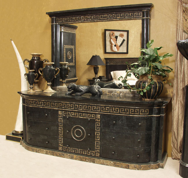 17-2852 - Aristotle Dresser with Greek Key Design, Black Stone with Snakeskin Stone