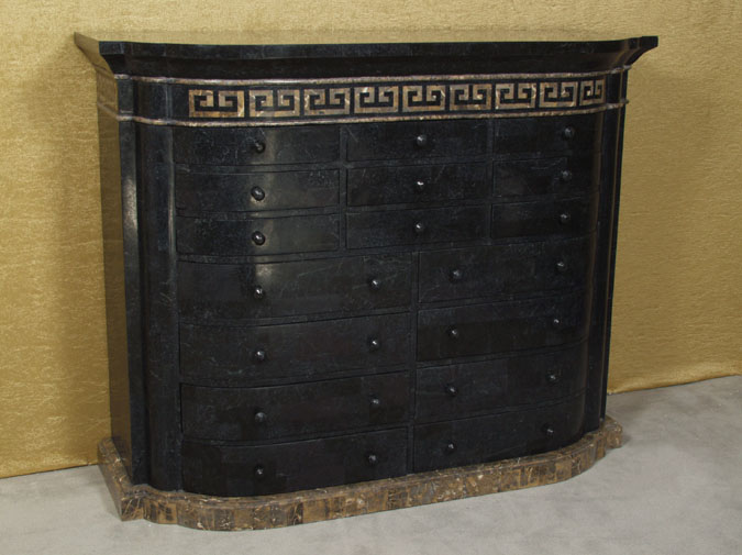 17-2853 - Aristotle Highboy with Greek Key Design, Black Stone with Snakeskin Stone