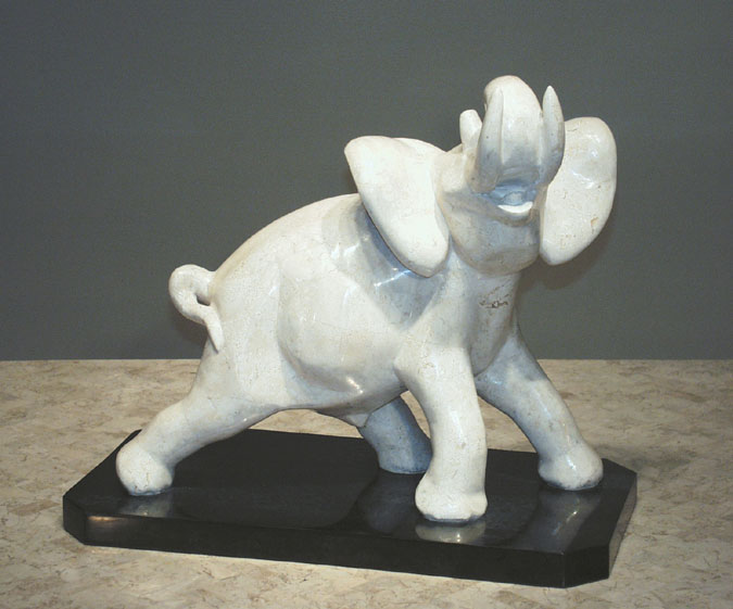 19-0512 - Elephant Sculpture on Black Stone Base, White Ivory Stone with Black Stone