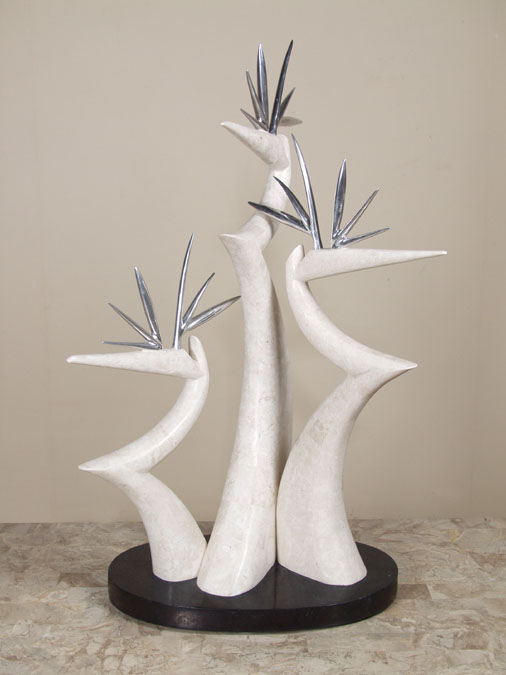 19B-5802 - 3-Birds of Paradise Sculpture, White Ivory Stone with Pewter Beak on Black Stone Base