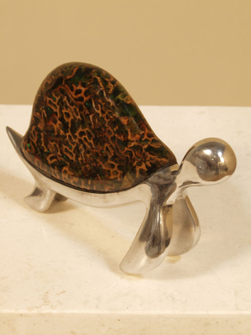 200-9502 - Mini Turtle Sculpture, Coco Roots with Stainless Finish  (Sold as a Set of 4 Only. Others in set are: Dolphin, Fish & Seahorse) Price is per piece.