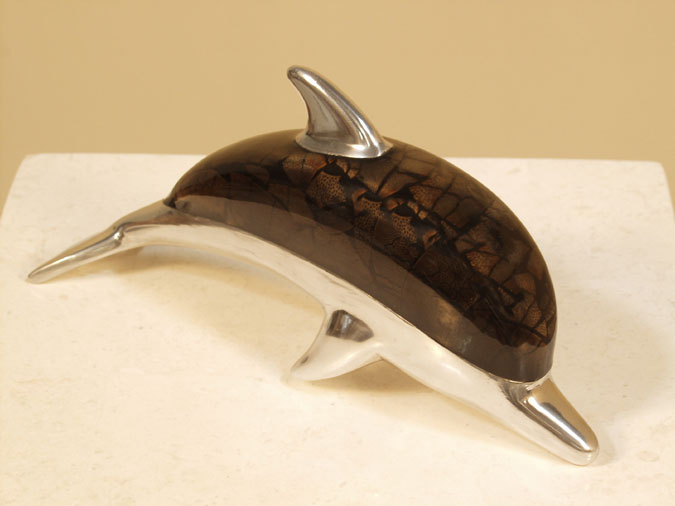 200-9509 - Mini Dolphin Sculpture, Cracked Bamboo with Stainless Finish (Sold as a Set of 4 Only. Others in set are: Turtle, Fish & Seahorse) Price is per piece.