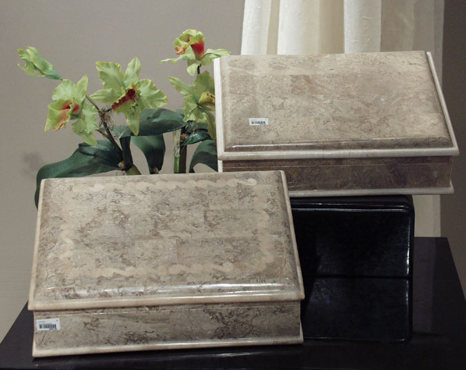 21-0163 - Monroe Box with Scroll Design, Cantor Stone with Beige Fossil Stone