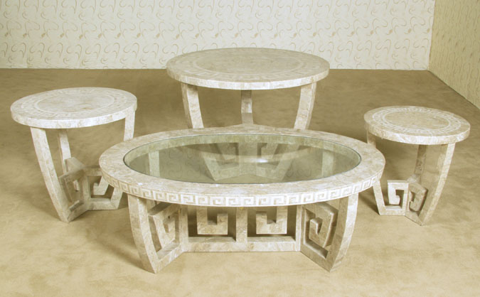 21-2445 - Greek Key Oval Cocktail Table with Glass Insert, Cantor Stone with Beige Fossil Stone