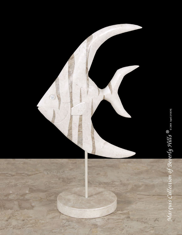 28B-9549 - Gil Tropical Fish Sculpture, White Ivory Stone/Beige Fossil Stone/Cantor Stone/MOP