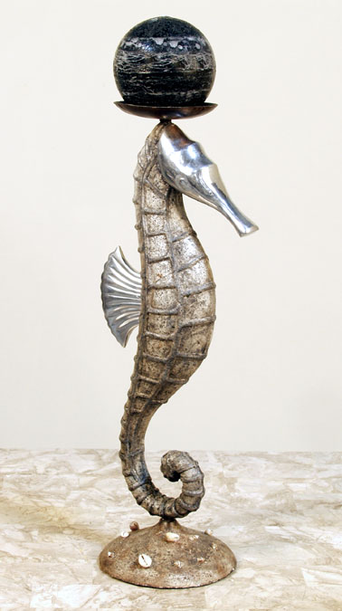 300-0466 - Sea Horse Candleholder, Charcoal Gray Crushed Stone on Belgian Brown base with Stainless Finish