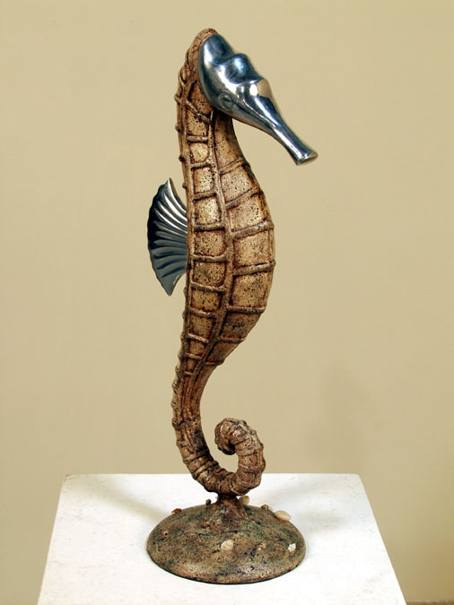 300-0526 - Sea Horse Sculpture, Large, Belgian Brown Crushed Stone/Sea Shells/Stainless Finish