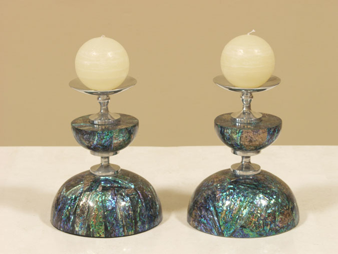 411-0461 - Half Moon Candleholder, Australian Abalone Shell with Stainless Finish (Set of 2)