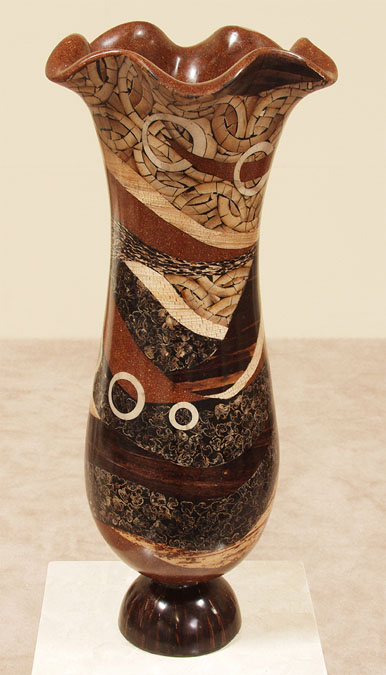 423-9323 - Teramo Vase, Coco/Cracked Bamboo/Drk Banana Bark/Honeycomb Cane Leaf/Fern Tassel/Wild Pearl Vine/Cantor Stone Finish