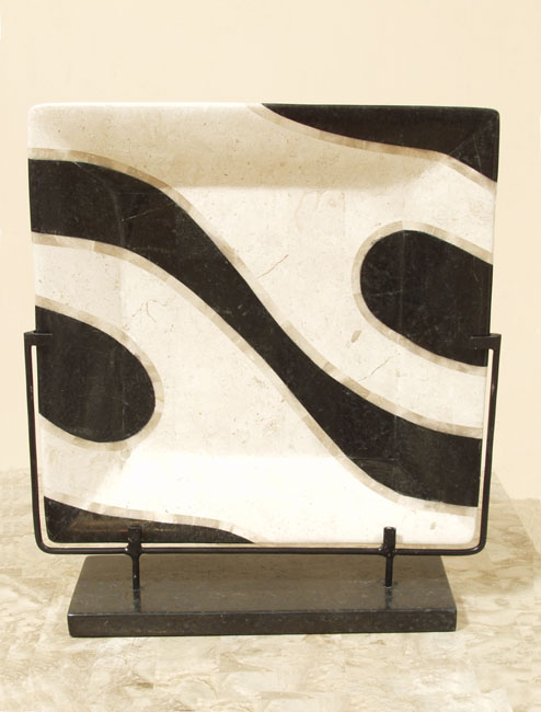 435-4212 - Euphoria Square Plate on Iron Stand, White Ivory Stone/Black Stone/Beige Fossil stone