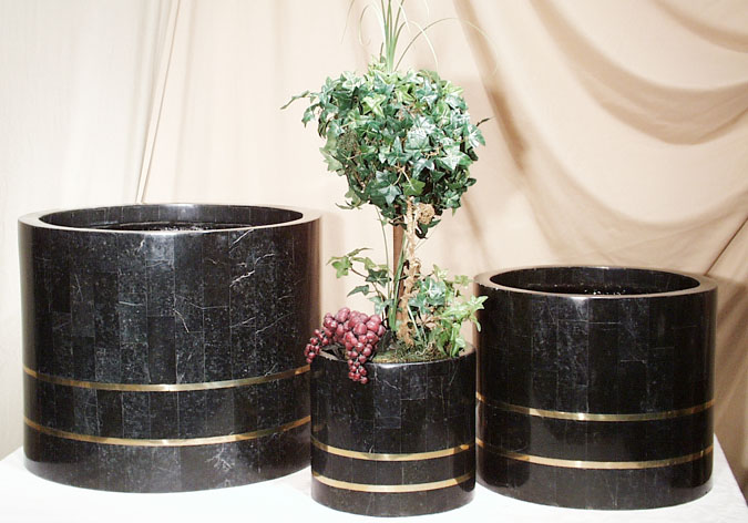 57-0383 - Large Round Black Stone Smooth Planter with Brass