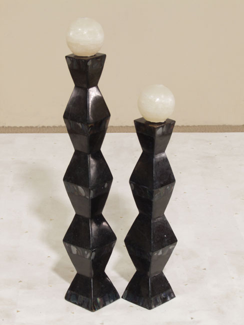 571-0424 - Stretch Candleholder, Tall, Black Stone with Rainbow Shell