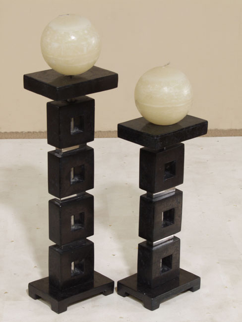 572-0439 - Squares Candleholder, Tall, Black Stone with Stainless